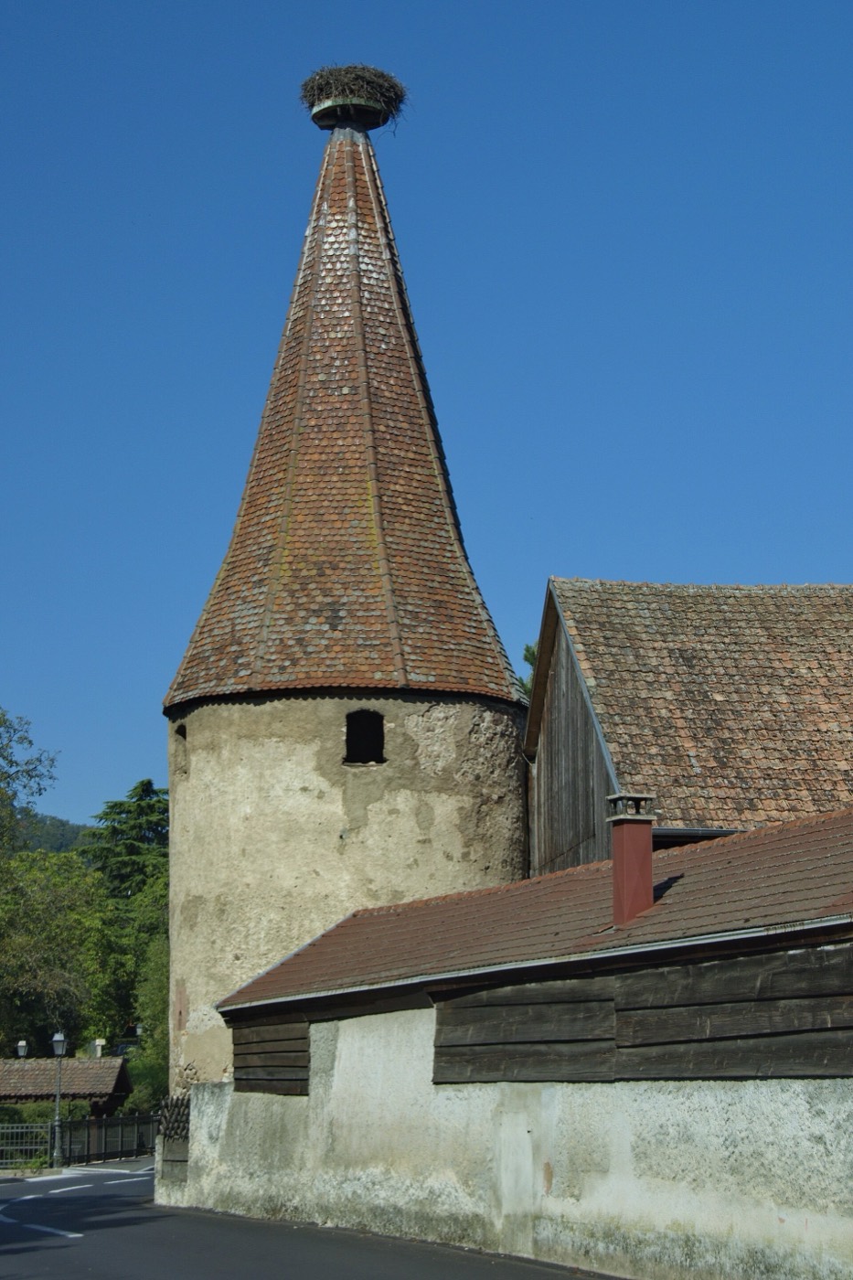 Tour des remparts de Ribeauvillé coiffée d'un nid de cigogne